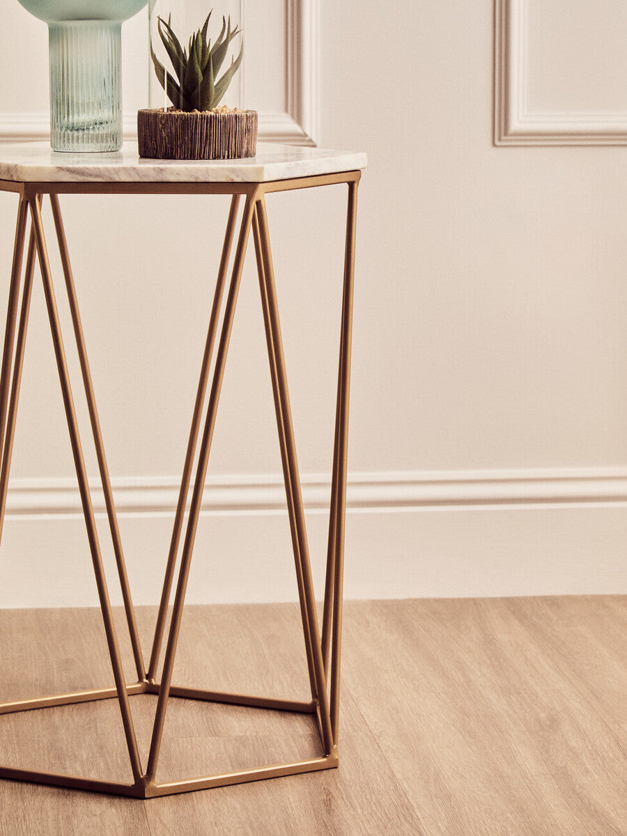 White Solid Marble Top Hexagonal Side Table with Gold Finish Metallic Frame, Shalimar