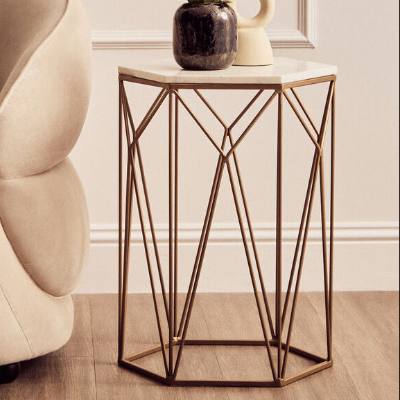 White Marble Top Side Table with Geometric Open Frame Gold Metallic Base, Shalimar