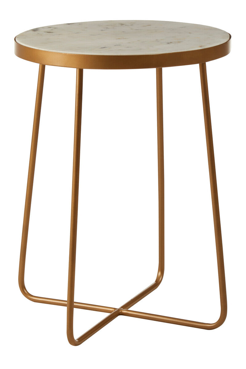 White Marble Top Round Side Table with Flowing Gold Finish Metallic Cross Base, Shalimar