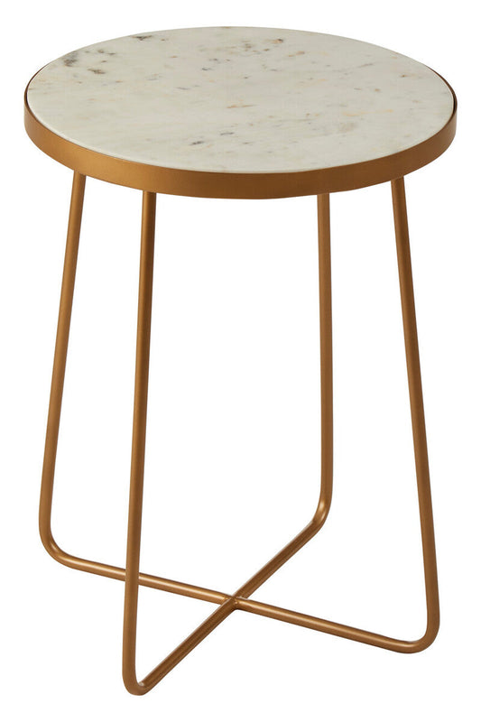White Marble Top Round Side Table with Flowing Gold Finish Metallic Cross Base, Shalimar