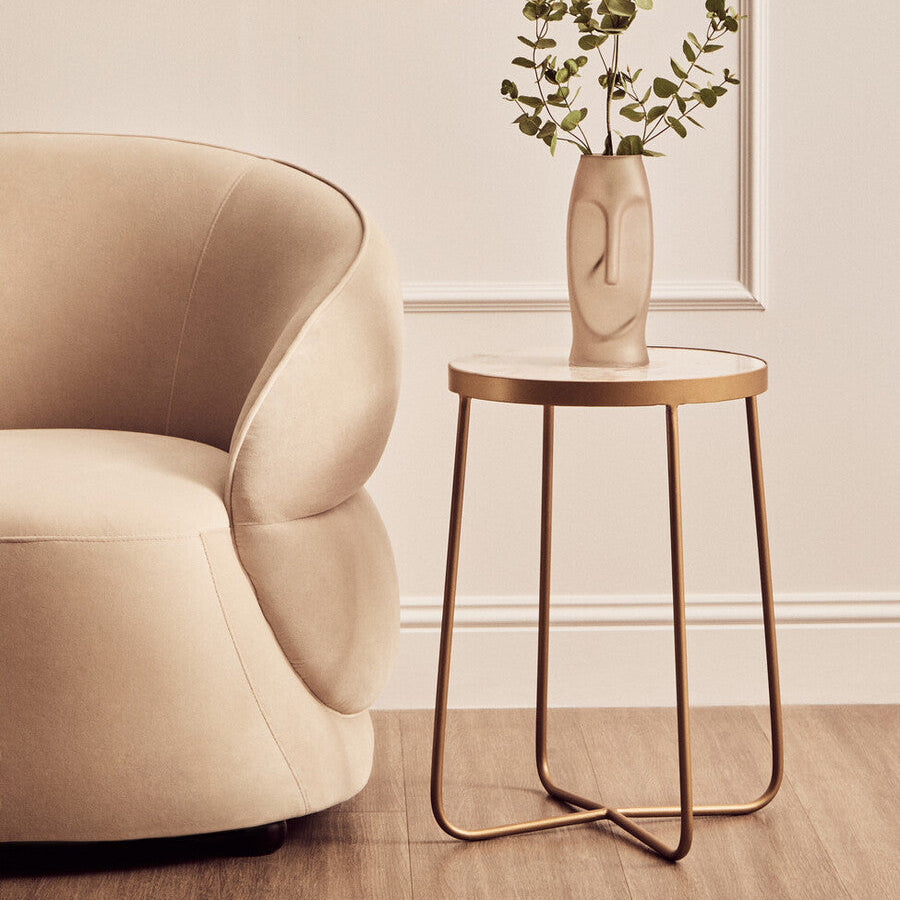 White Marble Top Round Side Table with Flowing Gold Finish Metallic Cross Base, Shalimar