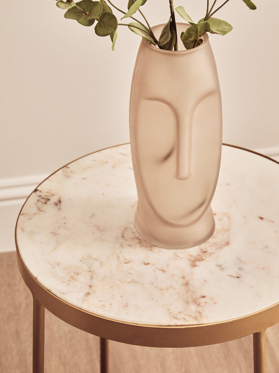 White Marble Top Round Side Table with Flowing Gold Finish Metallic Cross Base, Shalimar