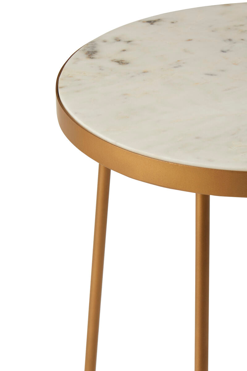 White Marble Top Round Side Table with Flowing Gold Finish Metallic Cross Base, Shalimar