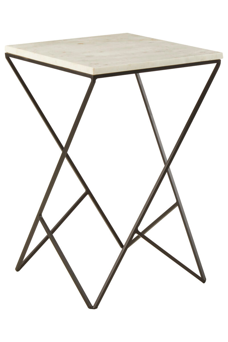 White Marble Top Square Side Table with Black Finish Metal Legs, Shalimar
