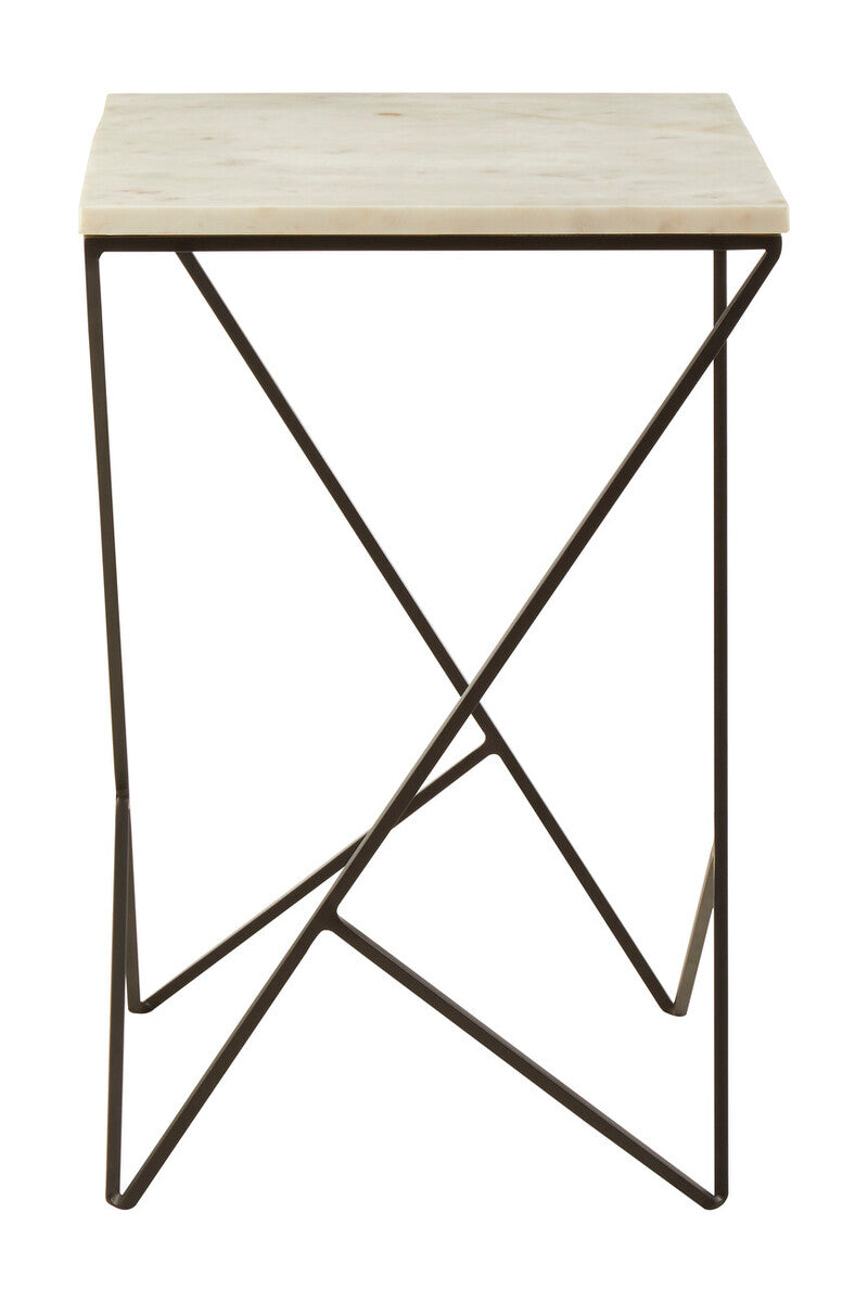 White Marble Top Square Side Table with Black Finish Metal Legs, Shalimar