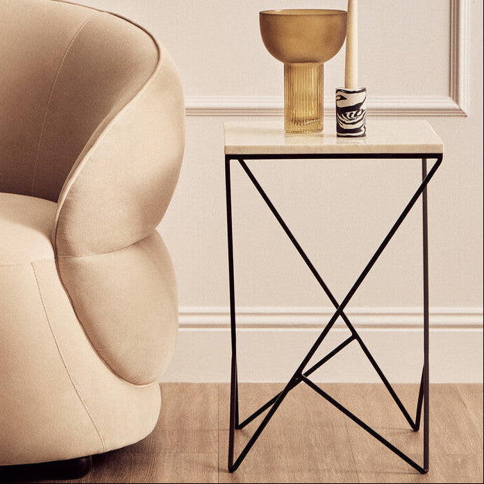 White Marble Top Square Side Table with Black Finish Metal Legs, Shalimar