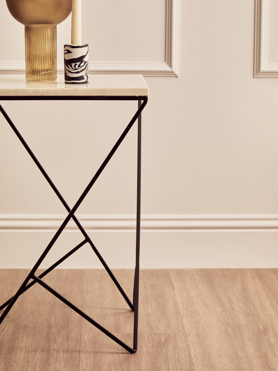 White Marble Top Square Side Table with Black Finish Metal Legs, Shalimar