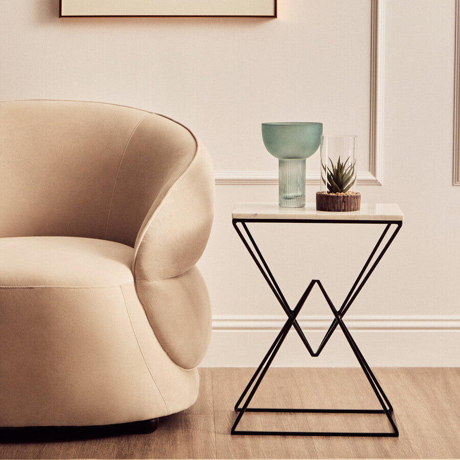 White Marble Top Rectangular Side Table with Black Metallic Prismatic Base, Shalimar