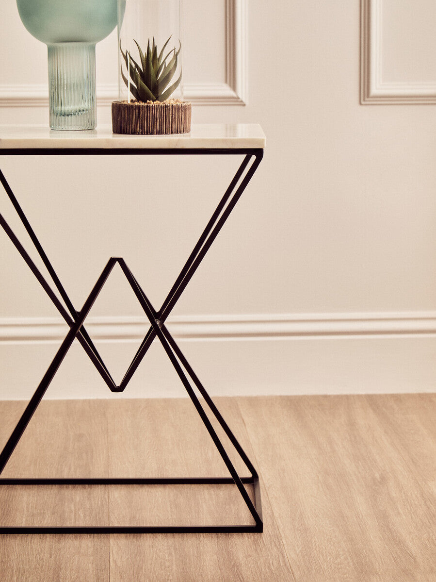 White Marble Top Rectangular Side Table with Black Metallic Prismatic Base, Shalimar