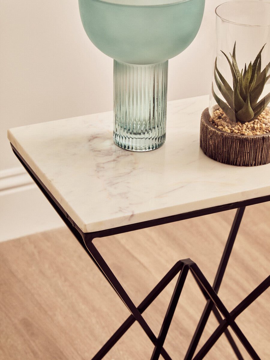 White Marble Top Rectangular Side Table with Black Metallic Prismatic Base, Shalimar