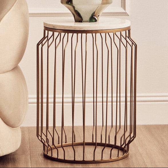 White Marble Top Round Side Table with Reflective Gold Wireframe Metallic Base, Shalimar