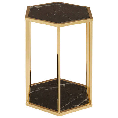Hexagonal End Table with Black Marble Top and Bottom and Gold Finish Stainless Steel Frame, Piermount