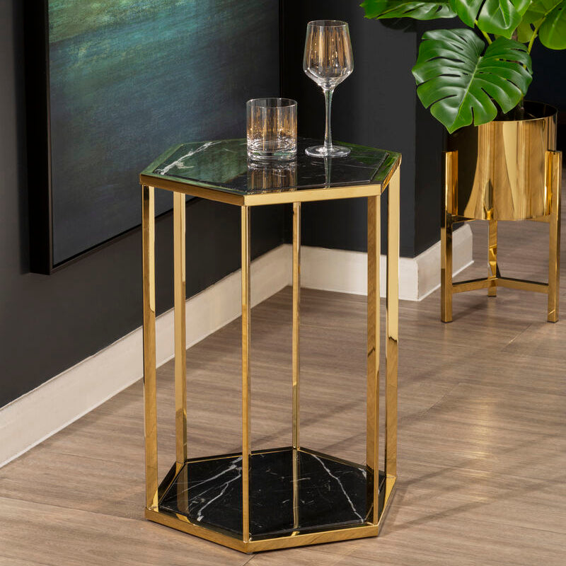 Hexagonal End Table with Black Marble Top and Bottom and Gold Finish Stainless Steel Frame, Piermount