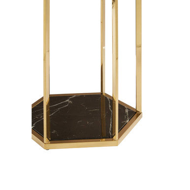 Hexagonal End Table with Black Marble Top and Bottom and Gold Finish Stainless Steel Frame, Piermount