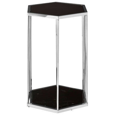 Hexagonal End Table with Black Marble Top and Bottom and Silver Finish Stainless Steel Frame, Piermount