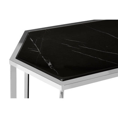 Silver Solid Steel Frame Console Table with Black Marble Top and Bottom, Piermount