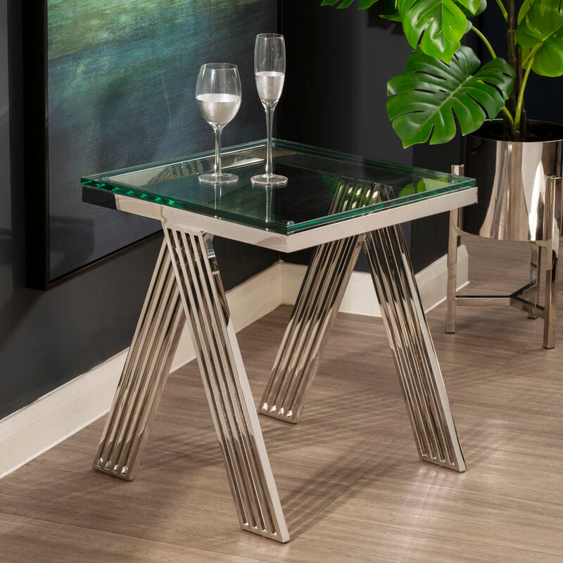 Clear Glass Top End Table with Silver Finish Stainless Steel Slim Lines Frame, Piermount