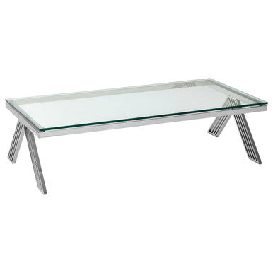 Clear Glass Top Rectangular Coffee Table with Silver Finish Stainless Steel Slim Lines Frame, Piermount