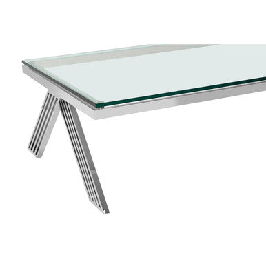 Clear Glass Top Rectangular Coffee Table with Silver Finish Stainless Steel Slim Lines Frame, Piermount