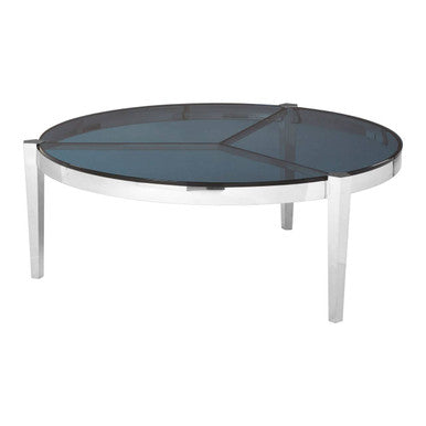 Smoky Grey Glass Round Top Coffee Table with Silver Finish Stainless Steel Frame, Piermount