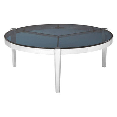 Smoky Grey Glass Round Top Coffee Table with Silver Finish Stainless Steel Frame, Piermount