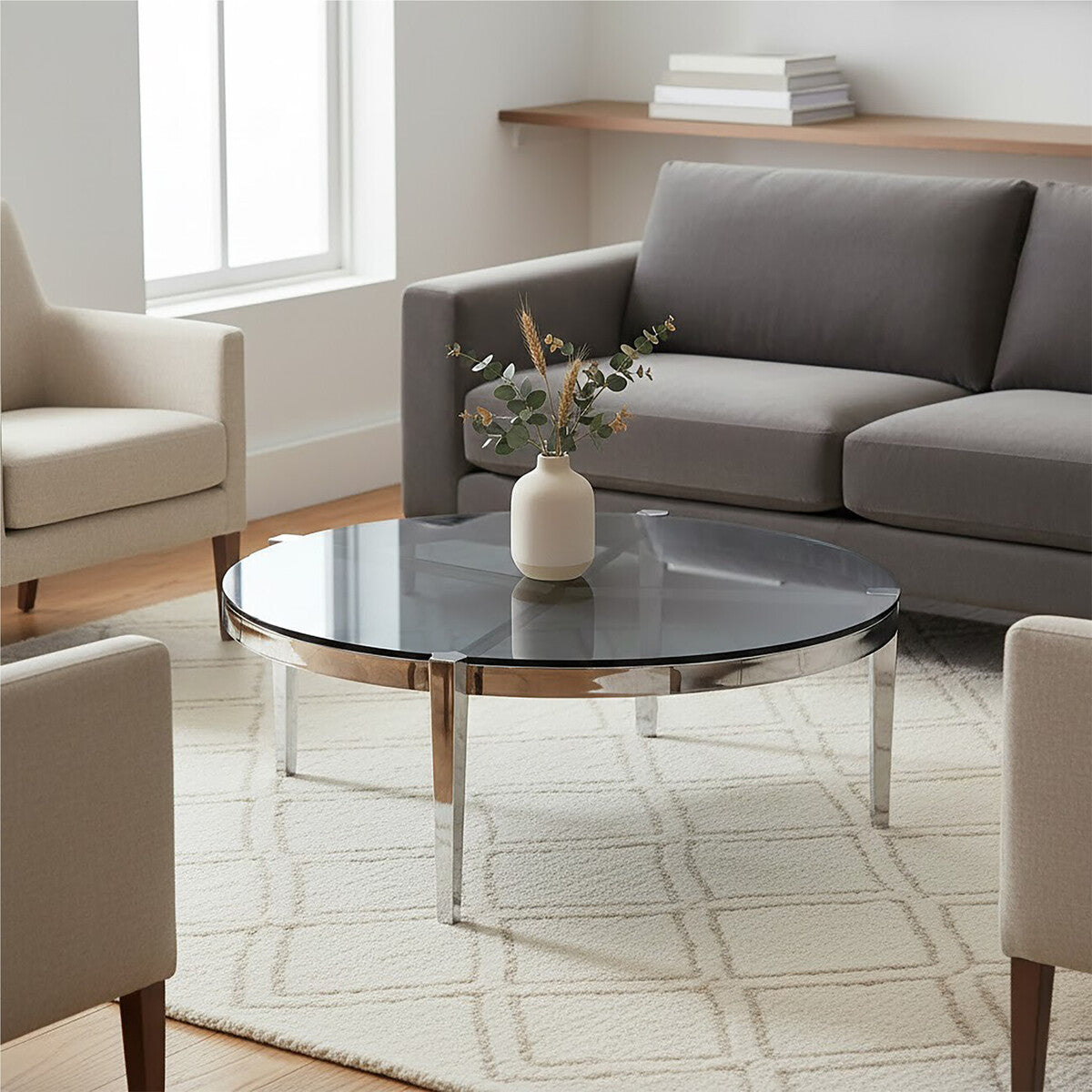 Smoky Grey Glass Round Top Coffee Table with Silver Finish Stainless Steel Frame, Piermount
