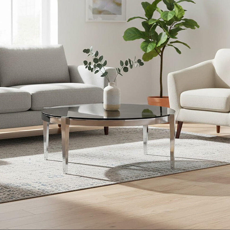 Smoky Grey Glass Round Top Coffee Table with Silver Finish Stainless Steel Frame, Piermount