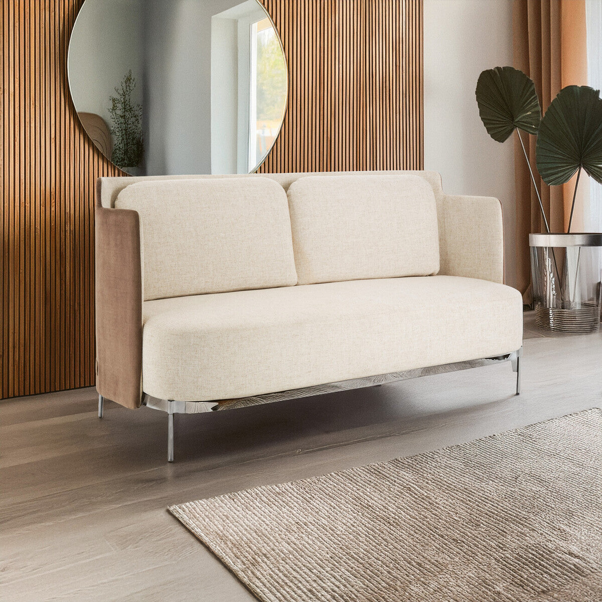 Piermount Ivory Fabric and Mink Velvet 2 Seater Sofa with Silver Finish Base