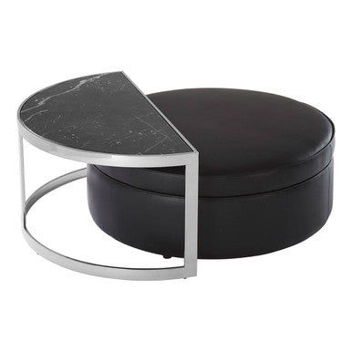 Black Marble Top Nesting Coffee Table with Silver Finish Frame and Black Faux Leather Stool Set, Piermount