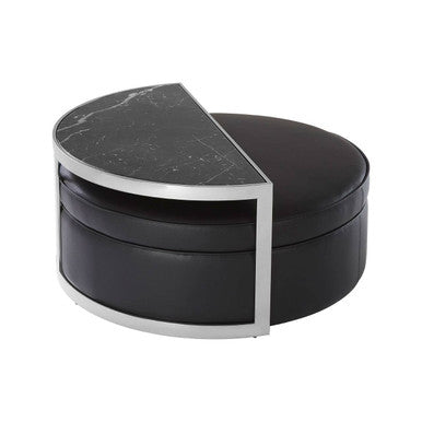 Black Marble Top Nesting Coffee Table with Silver Finish Frame and Black Faux Leather Stool Set, Piermount