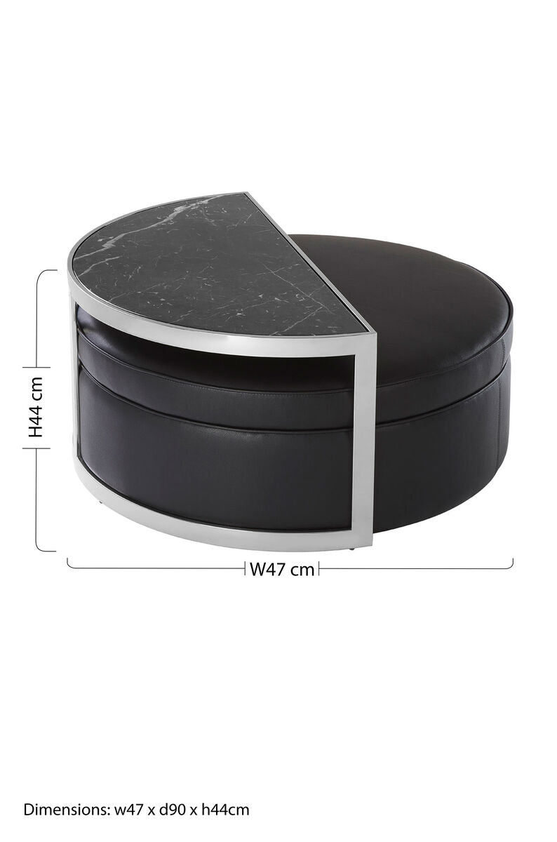 Black Marble Top Nesting Coffee Table with Silver Finish Frame and Black Faux Leather Stool Set, Piermount
