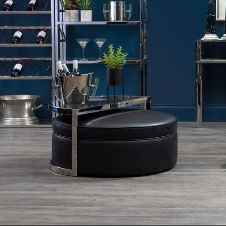Black Marble Top Nesting Coffee Table with Silver Finish Frame and Black Faux Leather Stool Set, Piermount
