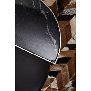 Black Marble Top Nesting Coffee Table with Silver Finish Frame and Black Faux Leather Stool Set, Piermount