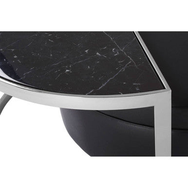 Black Marble Top Nesting Coffee Table with Silver Finish Frame and Black Faux Leather Stool Set, Piermount