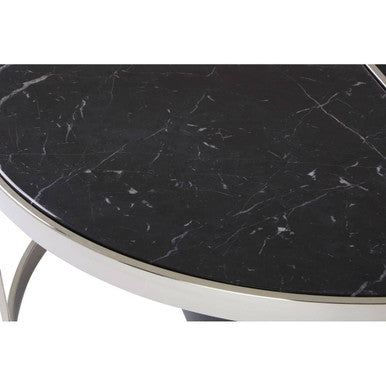 Black Marble Top Nesting Coffee Table with Silver Finish Frame and Black Faux Leather Stool Set, Piermount