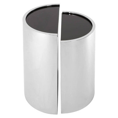 Set of 2 Semicircular Black Glass Top End Tables with Silver Finish Steel Frame, Piermount