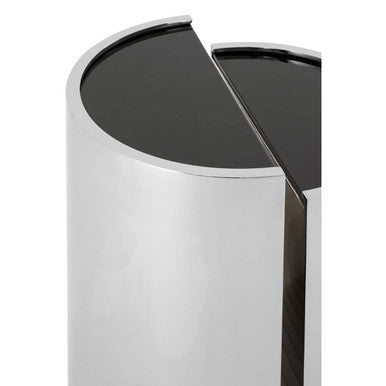 Set of 2 Semicircular Black Glass Top End Tables with Silver Finish Steel Frame, Piermount