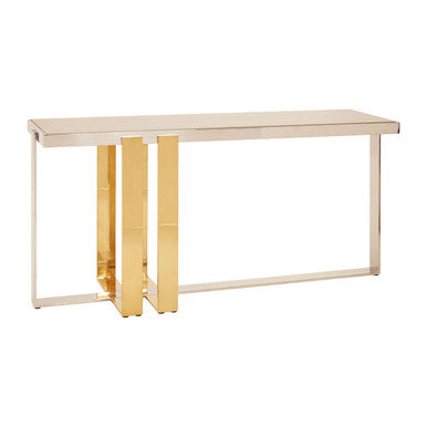Rectangular Frosted Glass Top Console Table with Polished Stainless Steel Base and Warm Gold Finish Legs, Demas