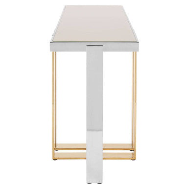 Rectangular Frosted Glass Top Console Table with Polished Stainless Steel Base and Warm Gold Finish Legs, Demas