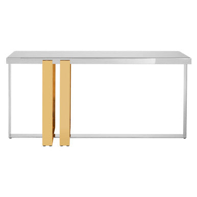 Rectangular Frosted Glass Top Console Table with Polished Stainless Steel Base and Warm Gold Finish Legs, Demas