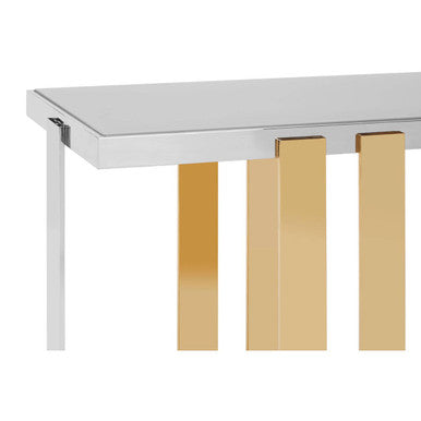 Rectangular Frosted Glass Top Console Table with Polished Stainless Steel Base and Warm Gold Finish Legs, Demas
