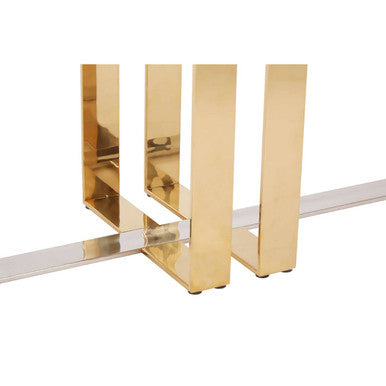 Rectangular Frosted Glass Top Console Table with Polished Stainless Steel Base and Warm Gold Finish Legs, Demas