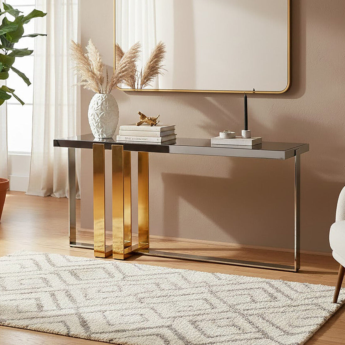 Rectangular Frosted Glass Top Console Table with Polished Stainless Steel Base and Warm Gold Finish Legs, Demas
