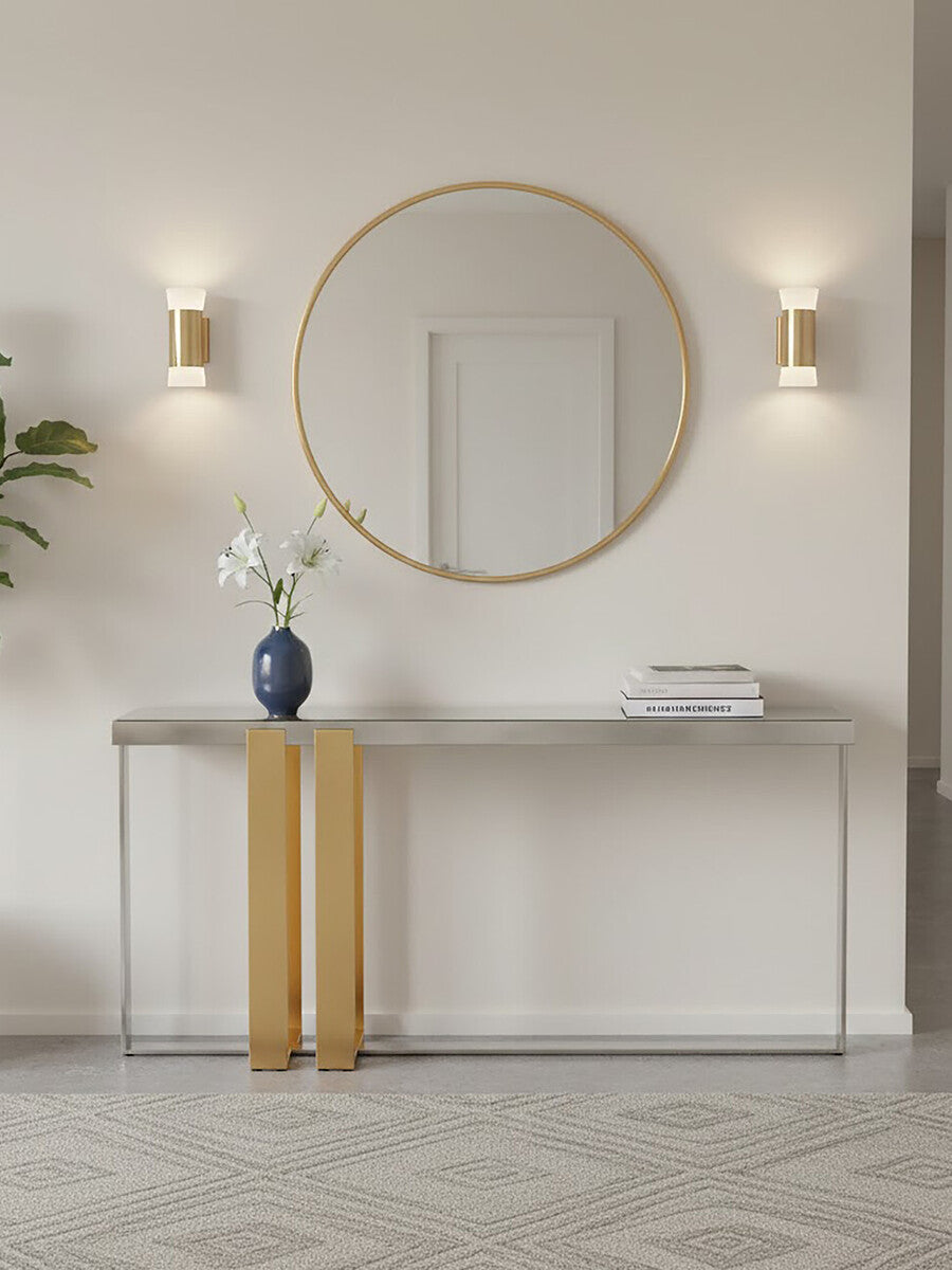 Rectangular Frosted Glass Top Console Table with Polished Stainless Steel Base and Warm Gold Finish Legs, Demas