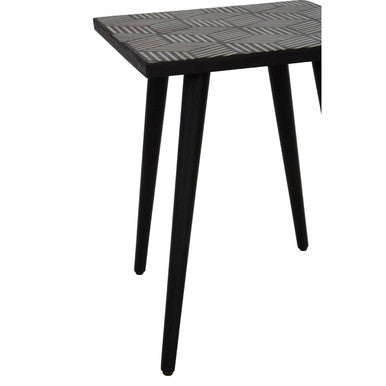 Black and White Top Bone Inlay Side Table with 4 Angular Legs, Boho