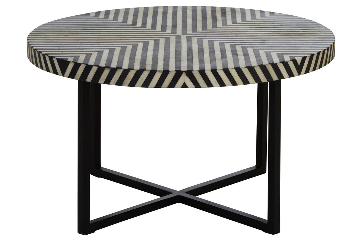 Black and White Top Bone Inlay Coffee Table with Black Metal Legs, Boho