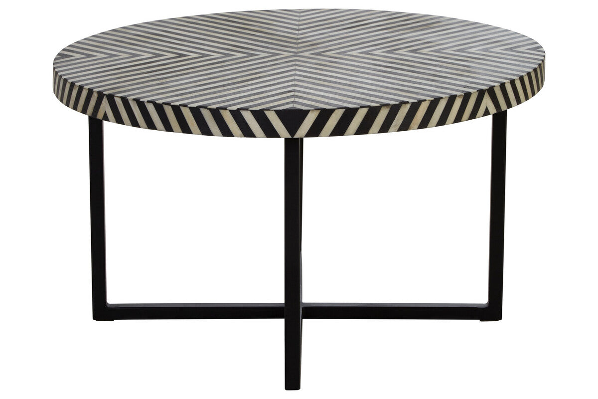 Black and White Top Bone Inlay Coffee Table with Black Metal Legs, Boho