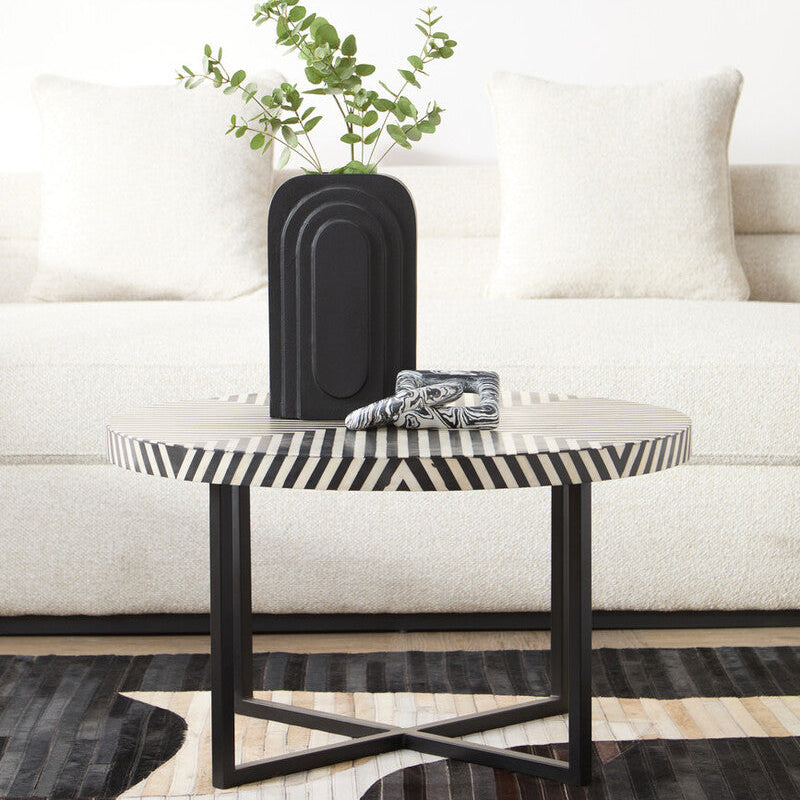 Black and White Top Bone Inlay Coffee Table with Black Metal Legs, Boho