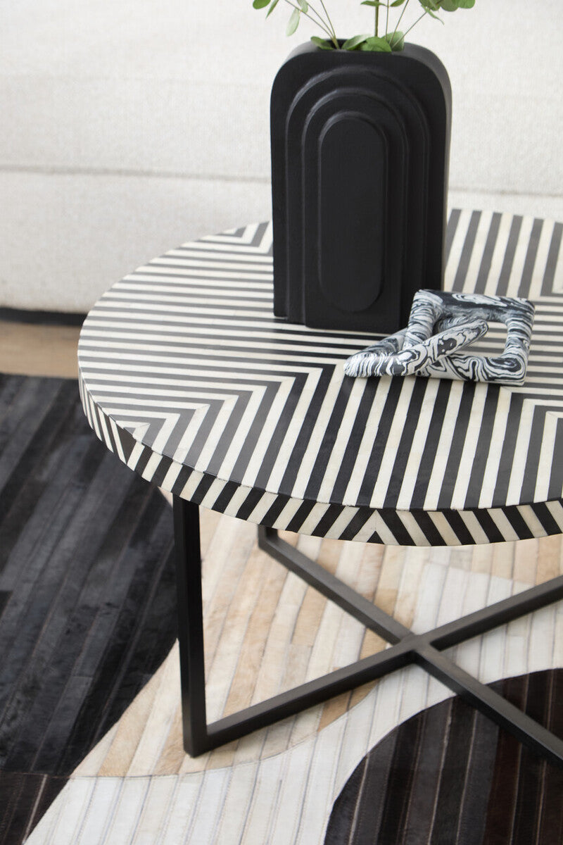 Black and White Top Bone Inlay Coffee Table with Black Metal Legs, Boho