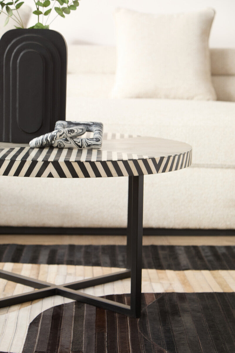 Black and White Top Bone Inlay Coffee Table with Black Metal Legs, Boho
